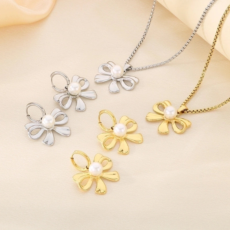 Vintage Style Bow Knot 304 Stainless Steel Shell 18K Gold Plated Earrings Necklace