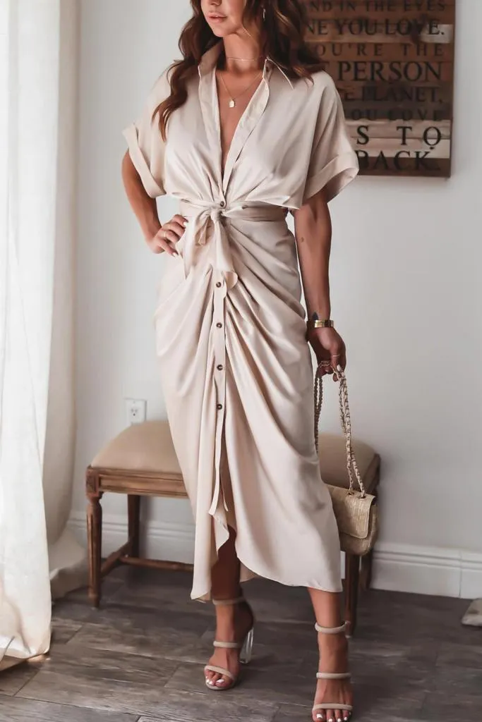 Vintage Plain Short Sleeve Midi Dress With Belt-vocosishoes