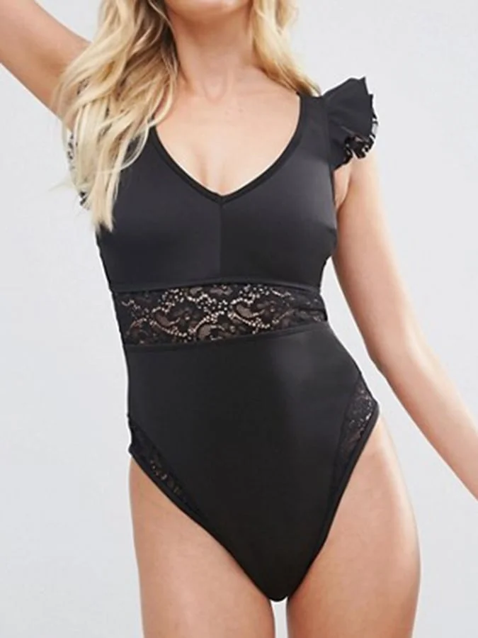 Lace Belly Ruffle Solid Color Ladies Sexy One Piece Swimsuit