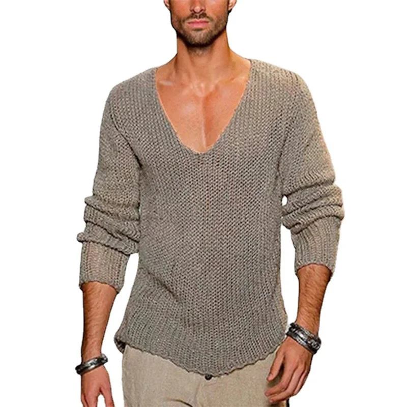 Wongn Wongn Men's Long Sleeve V-Neck Loose Sweater Fashion Casual Solid Color Knit Jumper Men's Plus Size