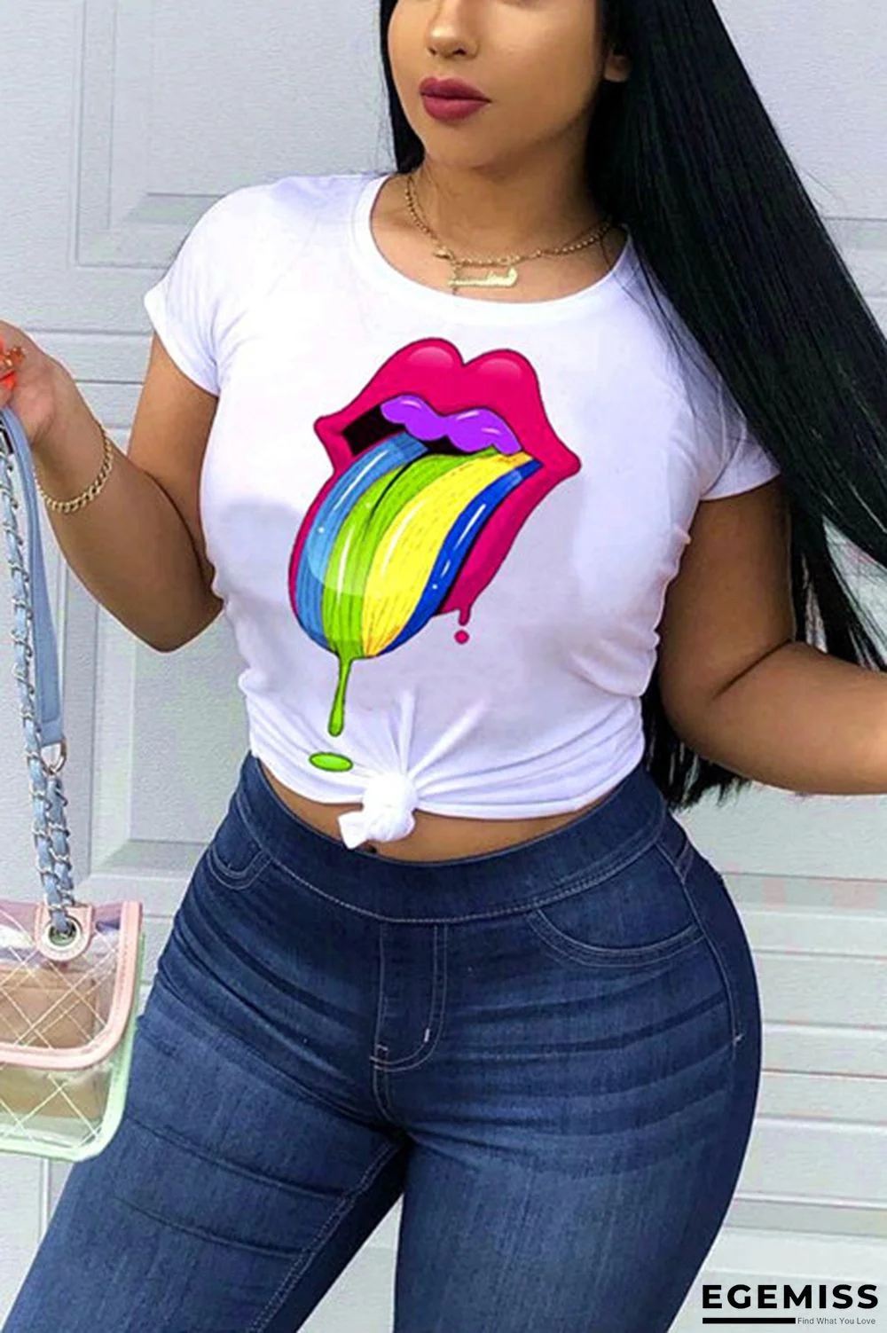 White Casual Lip Print Short Sleeve T-Shirt | EGEMISS