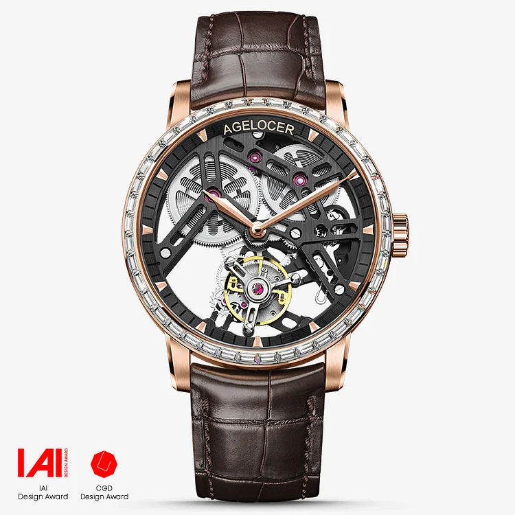 Agelocer Free-Sprung Tourbillon Men's Hollow Mechanical Watch -  Golden Genuine Leather Strap Diamond Watch