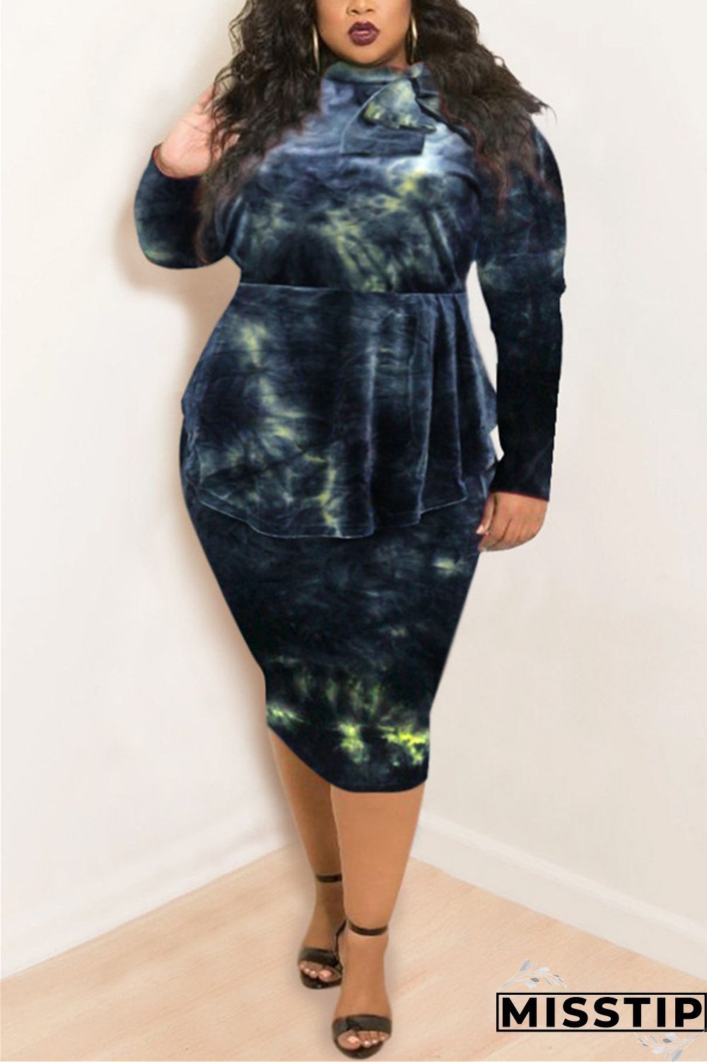 Purple Fashion Casual Plus Size O Neck Long Sleeve Regular Sleeve Print Tie Dye Printed Dress