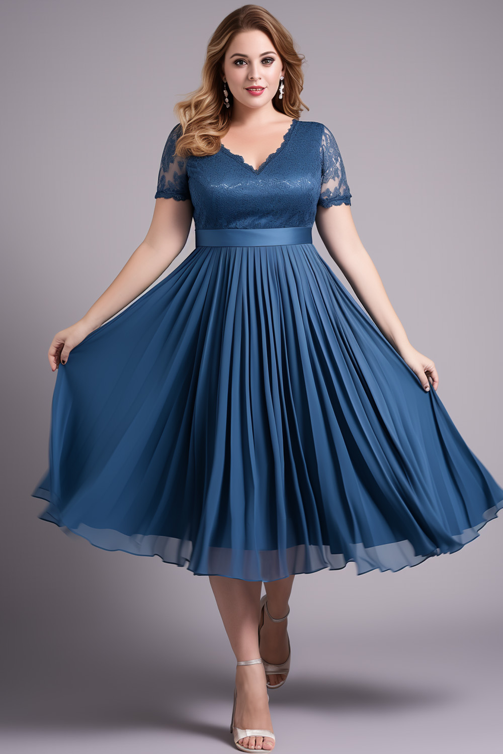 Flycurvy Plus Size Wedding Guest Dark Blue Chiffon Lace Short Sleeve Tea-Length Dress