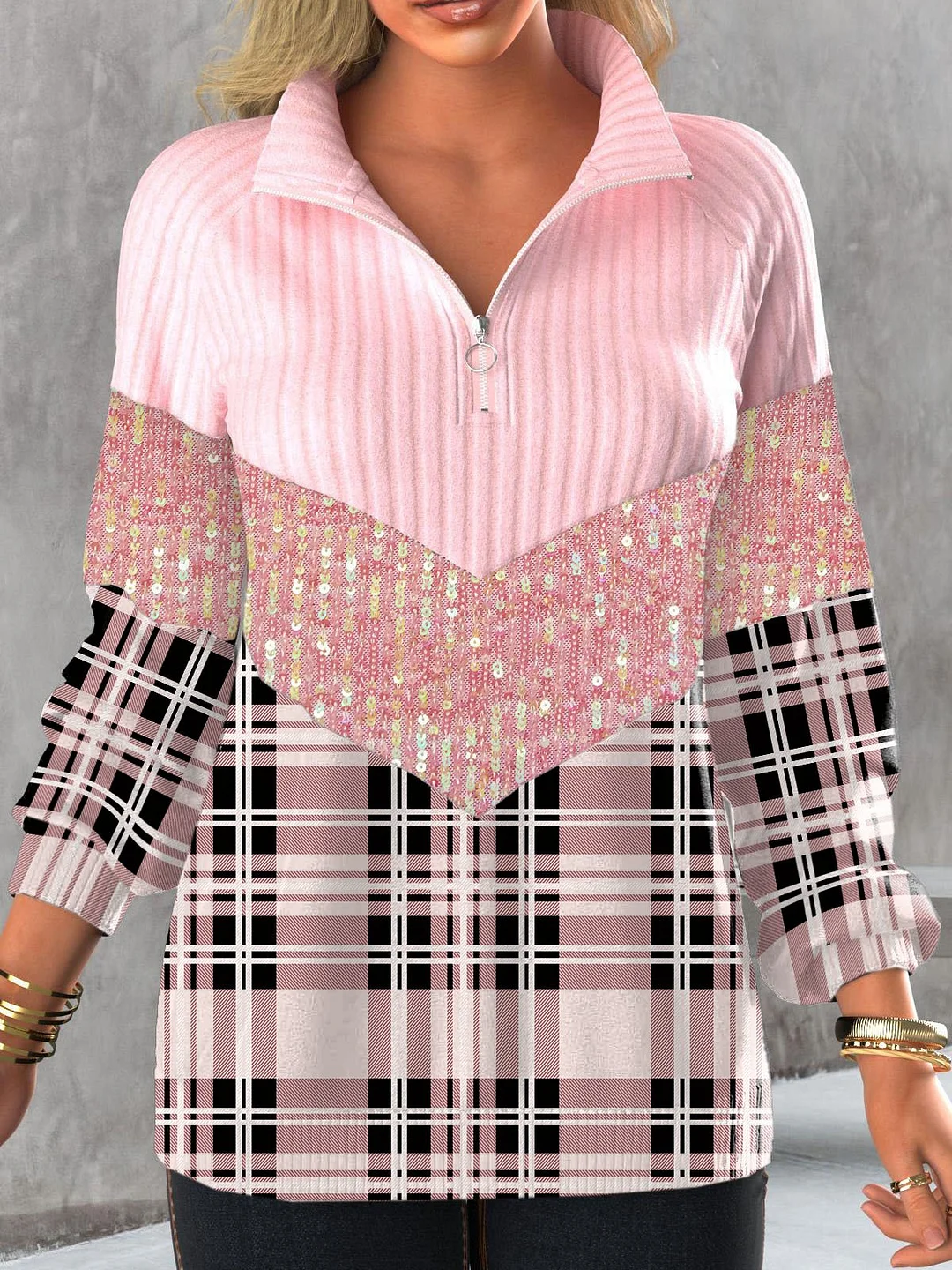 Sequin-Paneled Plaid Long-Sleeve Zip-Up Sweatshirt