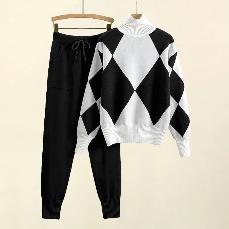 Women's Knitted Co-ord Set &ndash; Turtleneck Jumper and Trousers &ndash; Blue