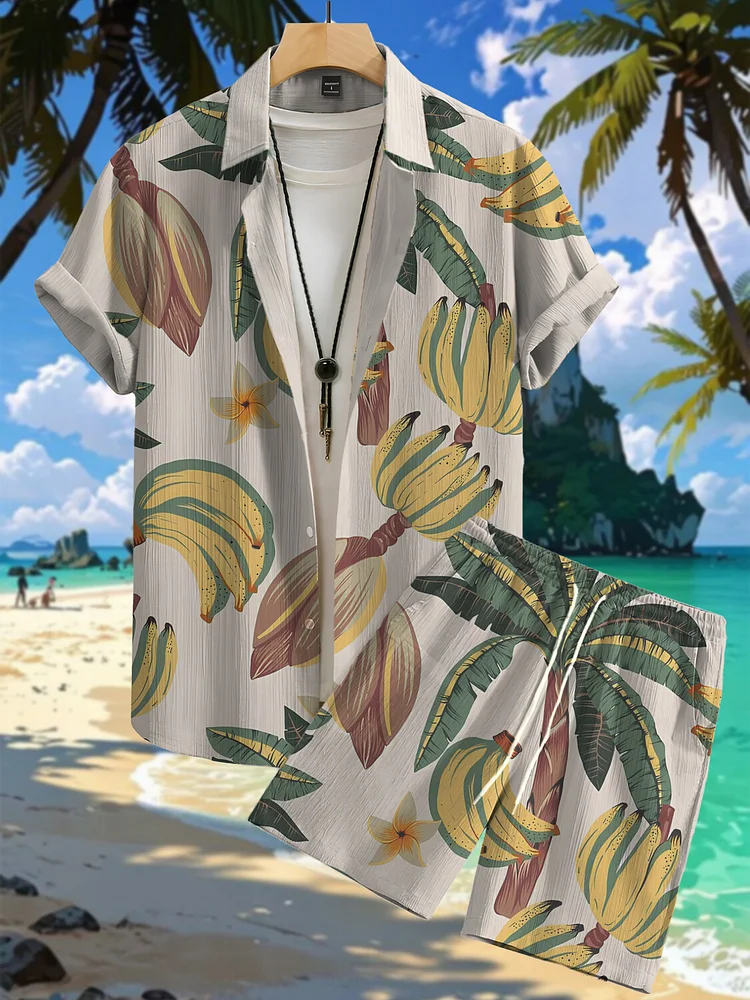 Men's Vacation Coconut Tree Banana Print Short Sleeve Shirt Set