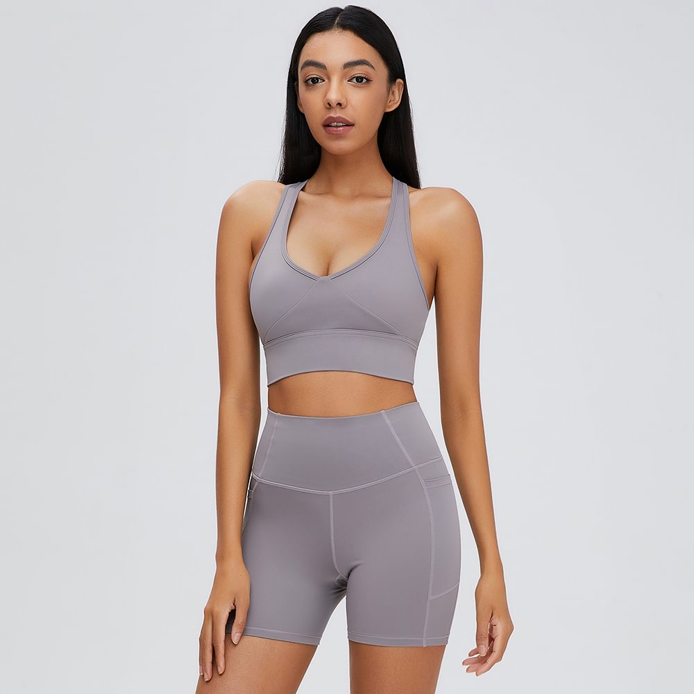 Hergymclothing gravel camel two piece gym sets - cross back sports bra + side pockets biker shorts for sale