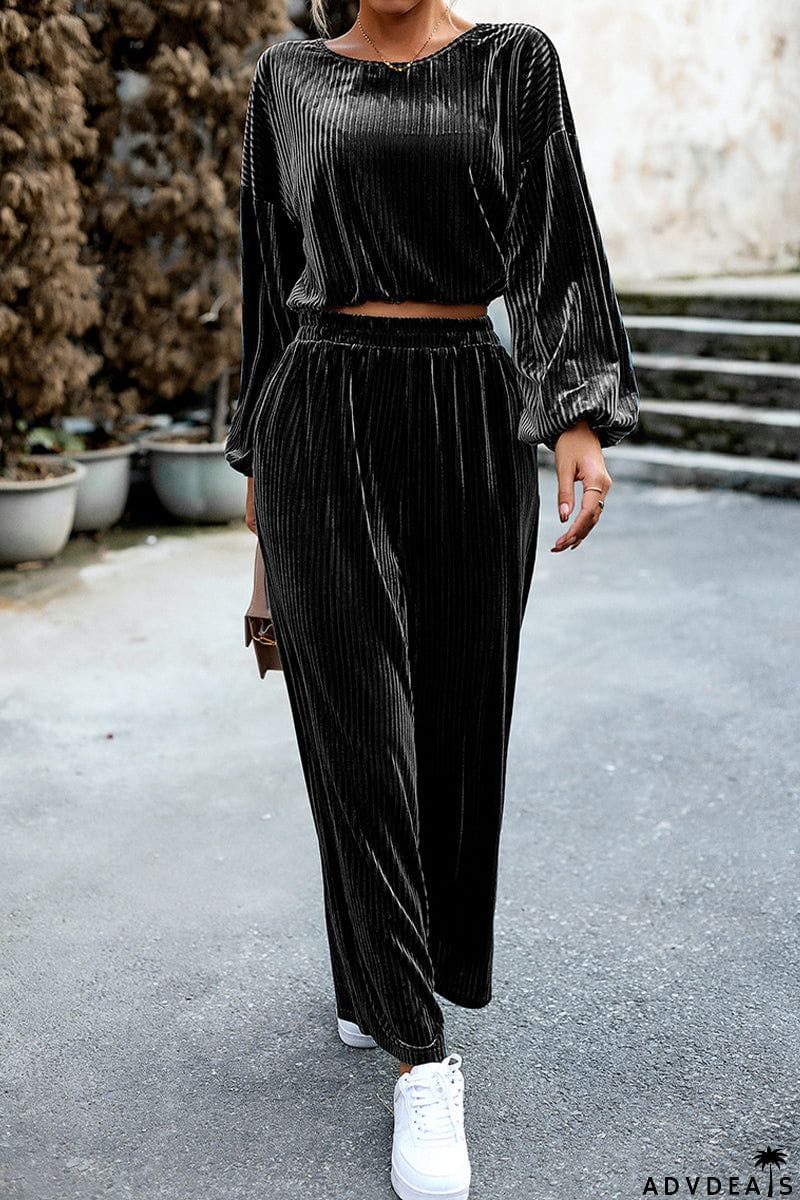 Elegant Solid Pocket O Neck Long Sleeve Two Pieces