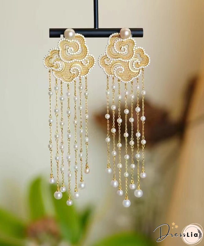 Vintage Gold Sterling Silver Overgild Pearl Auspicious Clouds Tassel Drop Earrings