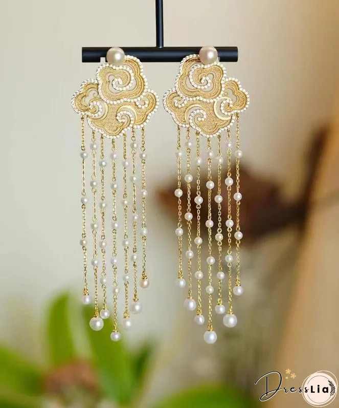 Vintage Gold Sterling Silver Overgild Pearl Auspicious Clouds Tassel Drop Earrings