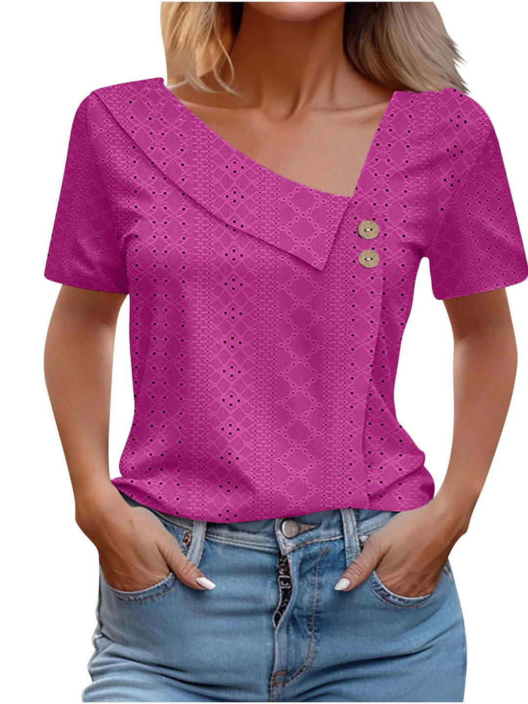 Women Short Sleeve V-neck Solid Color Buttons Tops