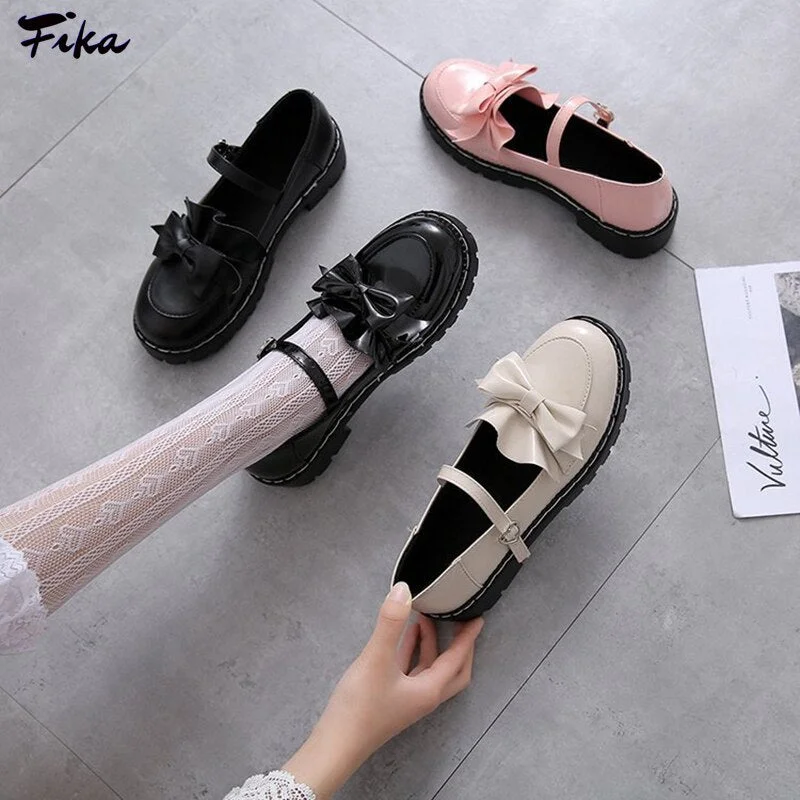 Sweet Lolita Shoes Women Mary Janes Leather Flats Shoes Ladies Flower Ruffle Round Toe College Girls Retro Cosplay Kawaii Shoes