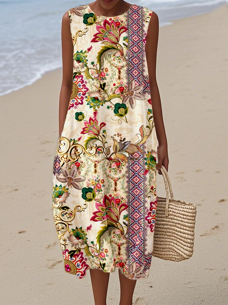 Women's Bohemian Print Cotton and Linen Dress