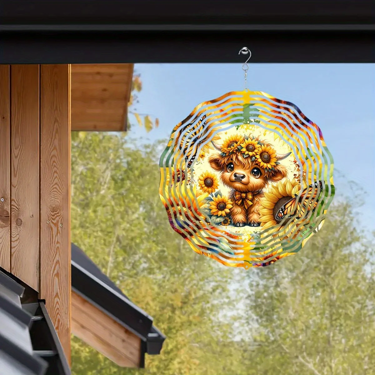 Tegooe Tegooe Highland Cow Sunflower Metal Wind Spinner 2D Laser-Cut Hanging Outdoor Garden Art Patio Decor