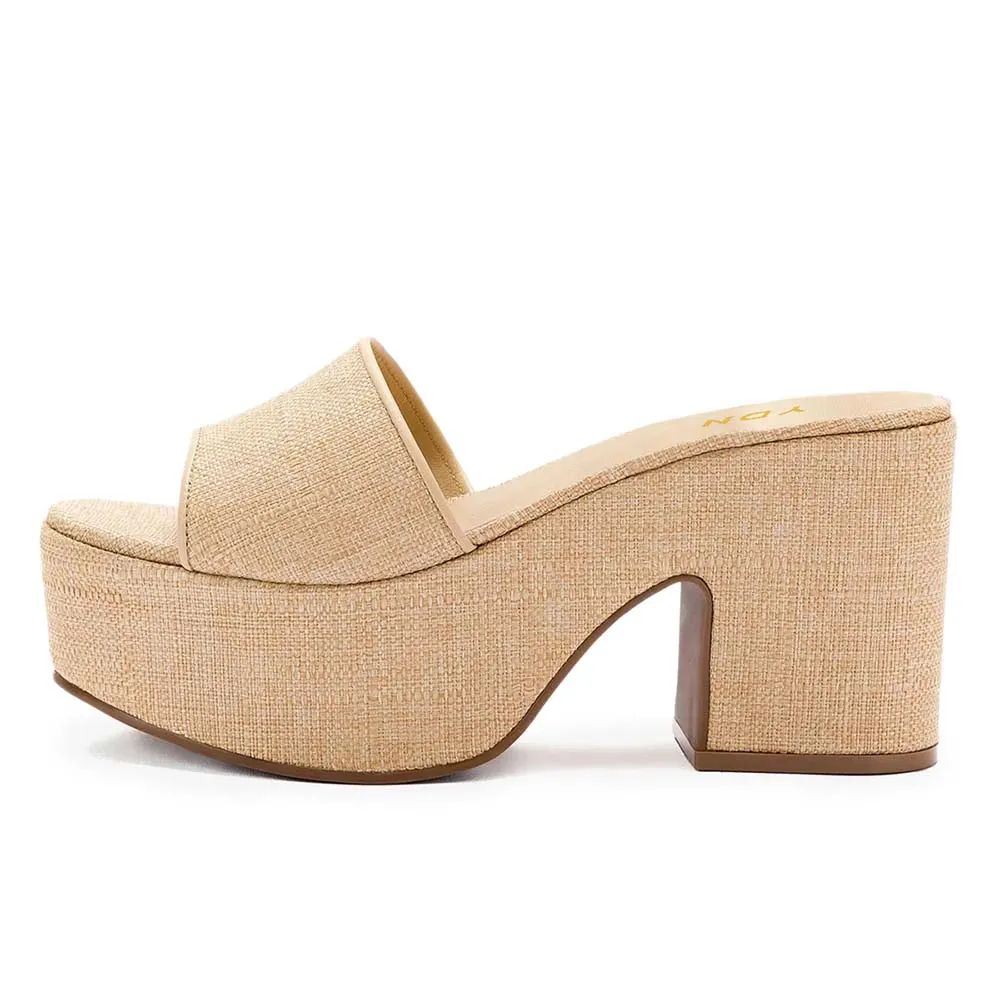 Simple Beige Open Round Toe Chunky Heel Platform Mules Sandals