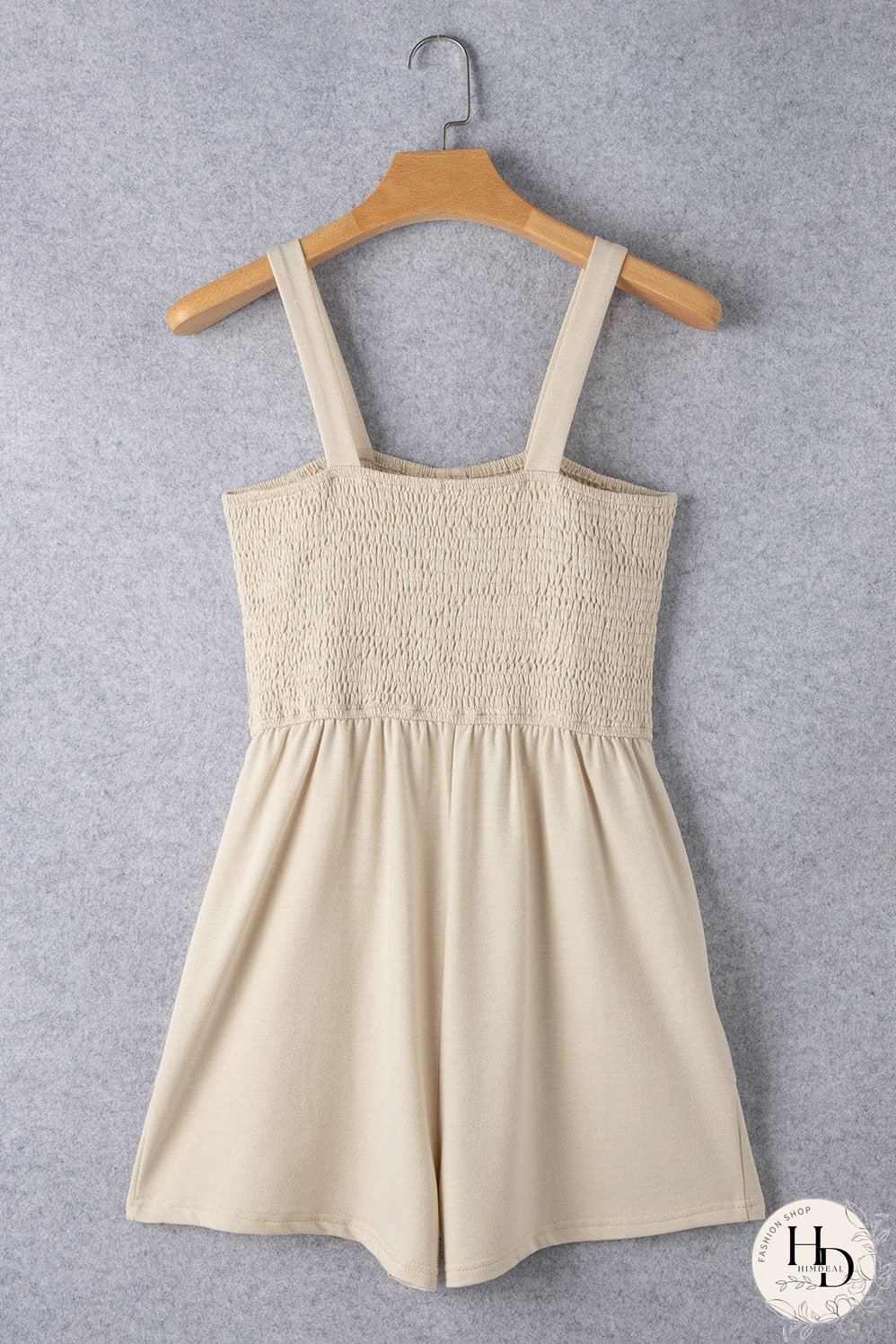 Beige Smocked Button Detail Sleeveless Romper