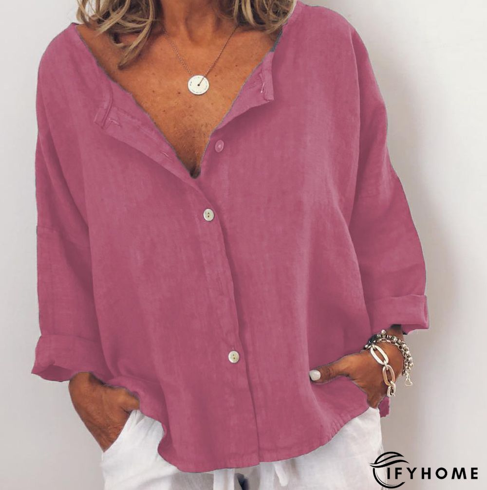 Women Casual Solid V Neck Cotton Long Sleeve Buttoned Tunic Top | IFYHOME