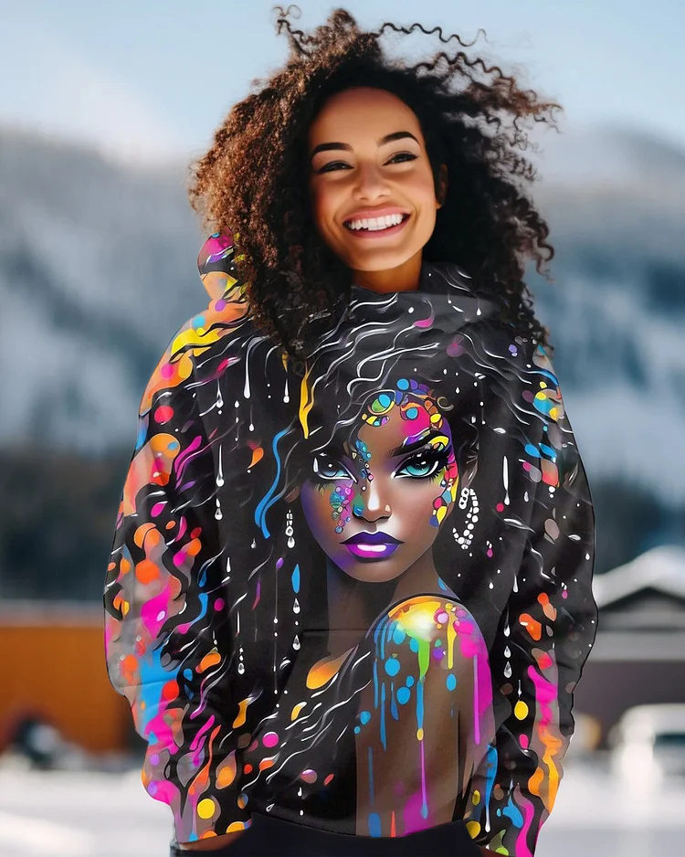 Colorful Long-haired Oil Painting Girl Long-sleeved Hoodie