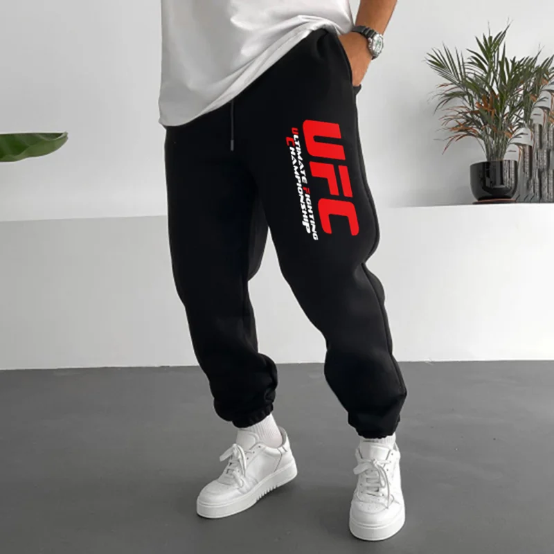 Trendy Brand Printed UFC Sweatpants Men's Fighting Fitness Running Loose Autumn And Winter Plus Velvet Casual Long Pants、、URBENIE