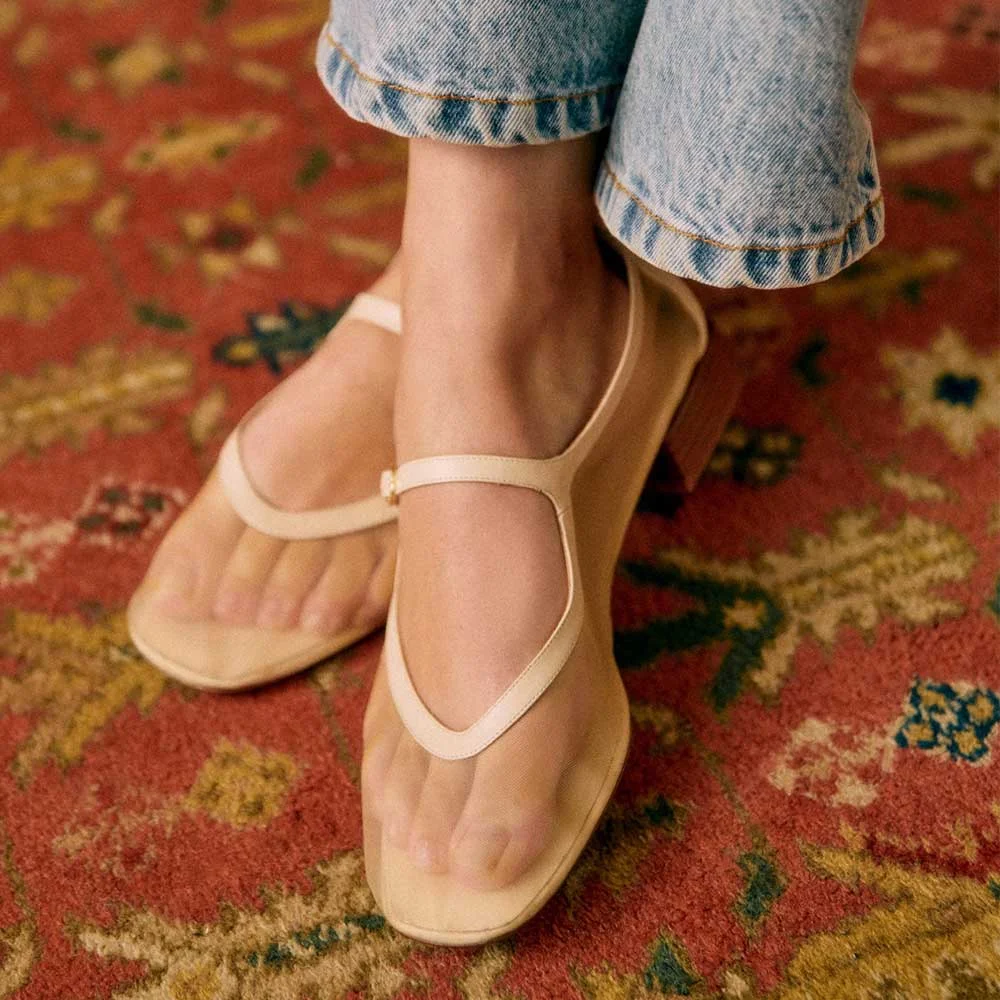 YDN Beige Closed Square Toe Single Buckle Strap Mary Jane Shoes