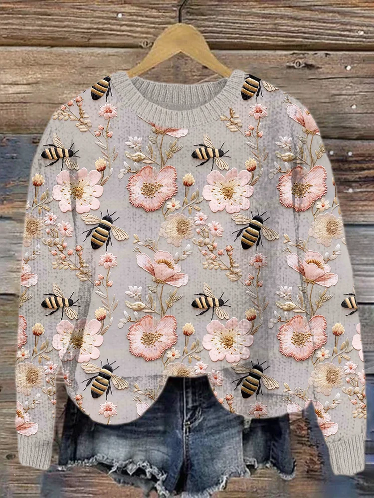 Bee & Flower Embroidery Art Cozy Knit Sweater