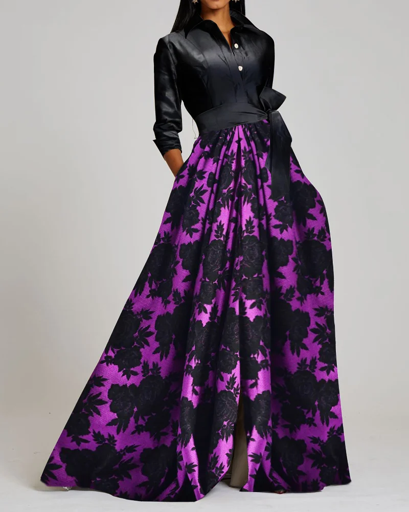 Contrasting maxi dress shirt collar Printed Gown