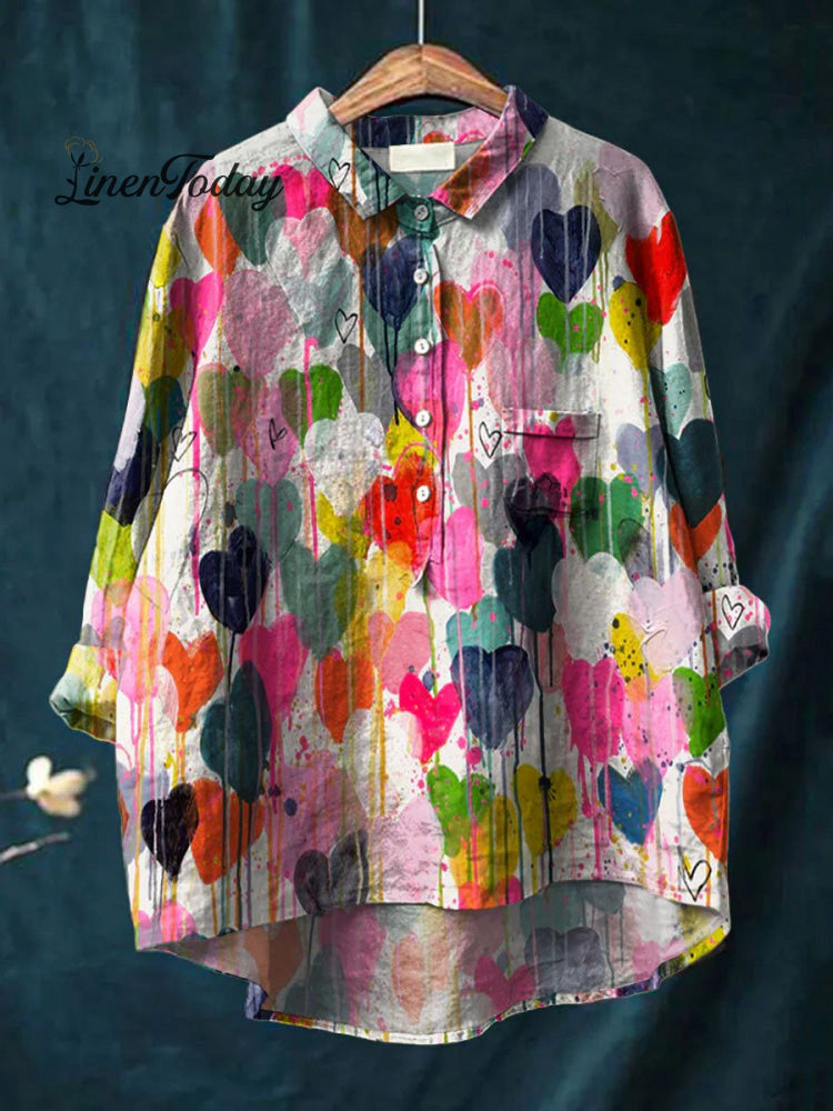 Women’s Vintage Loving Heart Art Print Casual Cotton And Linen Shirt Multicolor / S
