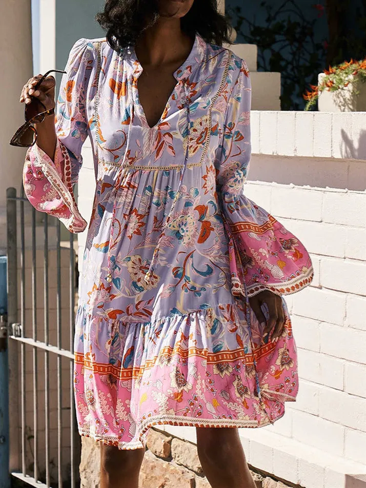 Women Long Sleeve V-neck Floral Printed Dress