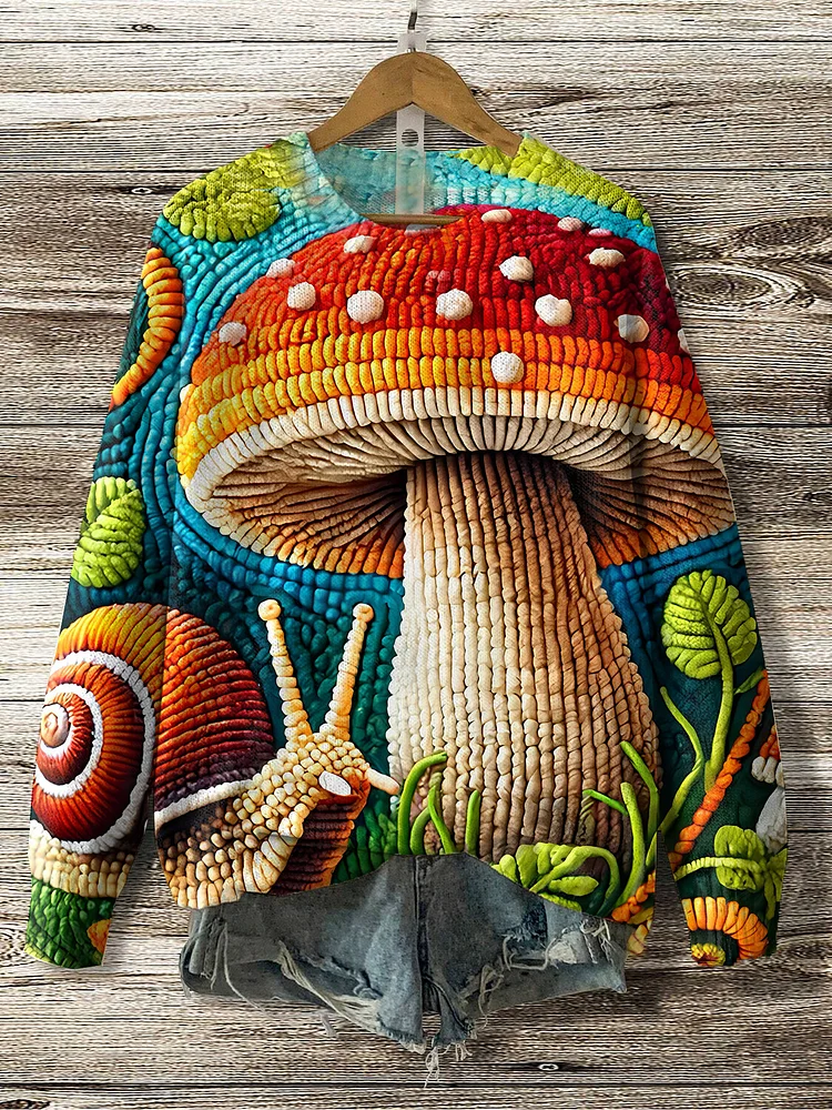 Women's Forest Mushroom Snail Hippie Art Print Knit Sweatshirt