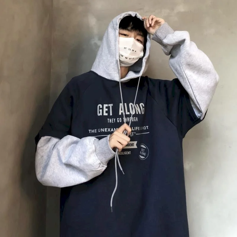 Fake Two-piece Hooded Hoodies Women Sweatshirt Boys Spring/autumn Plus Velvet Thickening Korean Loose Hong Kong Style Lovers