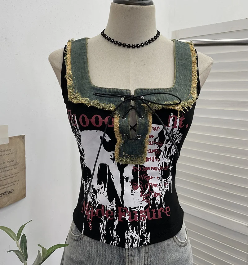 Nigikala Nigikala Shooting Hottie Hairy Denim Spliced Printed Vest With Bows Short Sleeveless Top 8926