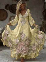 Women's Vintage Pink Floral Embroidery Art Comfy Linen Maxi Dress - Image 7