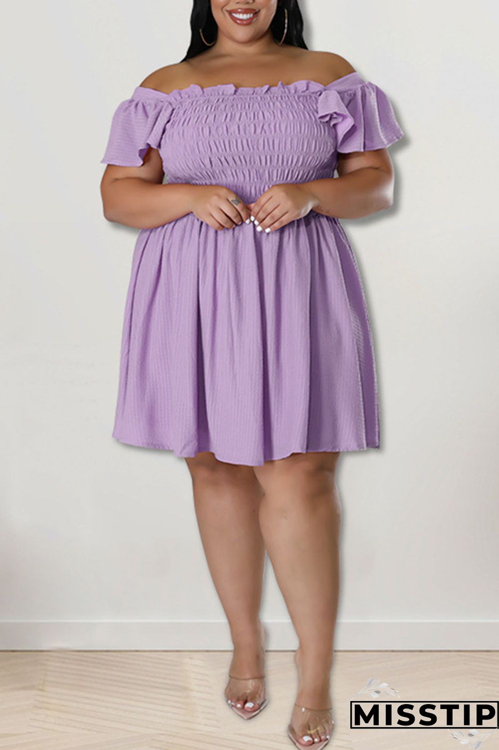 Rose Red Casual Sweet Solid Patchwork Fold Off the Shoulder A Line Plus Size Dresses