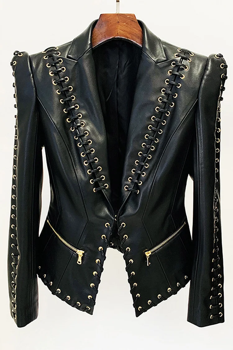 PU Leather Gold Eyelet Lace Up Two Piece Skirt Set-Black