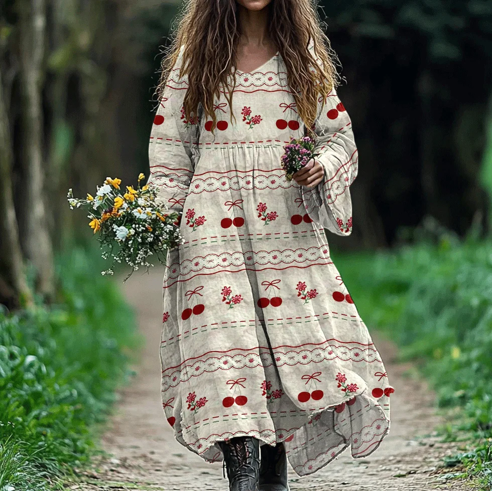 Women's Vintage Floral Cherry Art Long Sleeve Dress