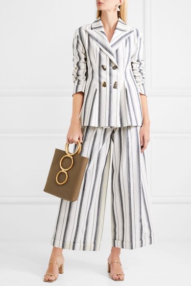 White and Grey Striped Double-breasted Cotton-chambray Blazer |FSJ Shoes