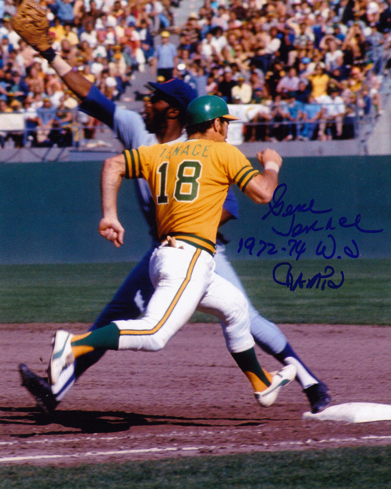 GENE TENACE OAKLAND A'S 1972-74 WS CHAMPS ACTION SIGNED 8x10