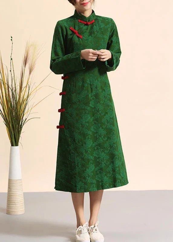 Unique Green Clothes Stand Collar Chinese Button Plus Size  Spring Dresses