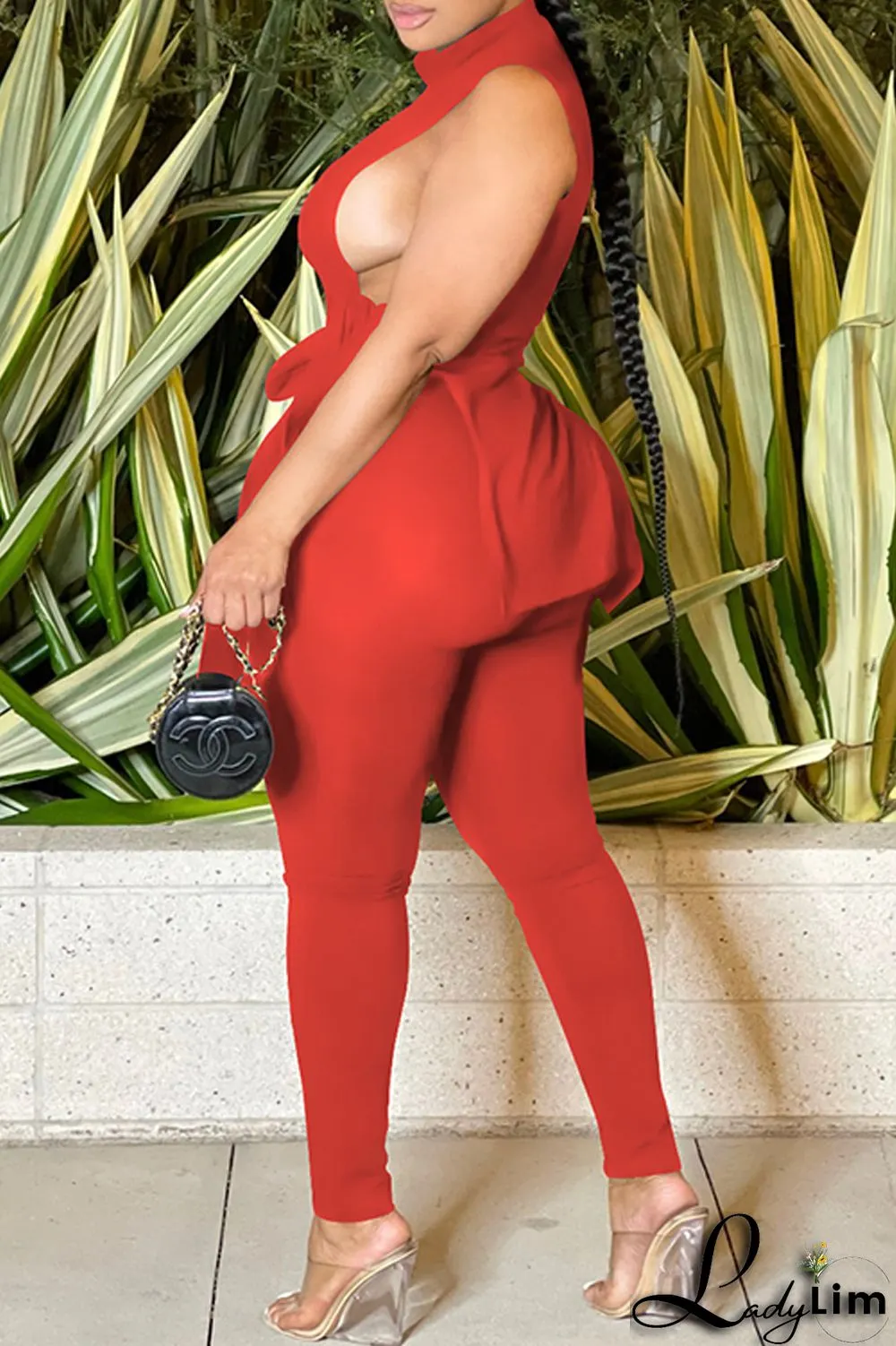 Red Fashion Casual Solid Bandage Slit Half A Turtleneck Sleeveless Two Pieces