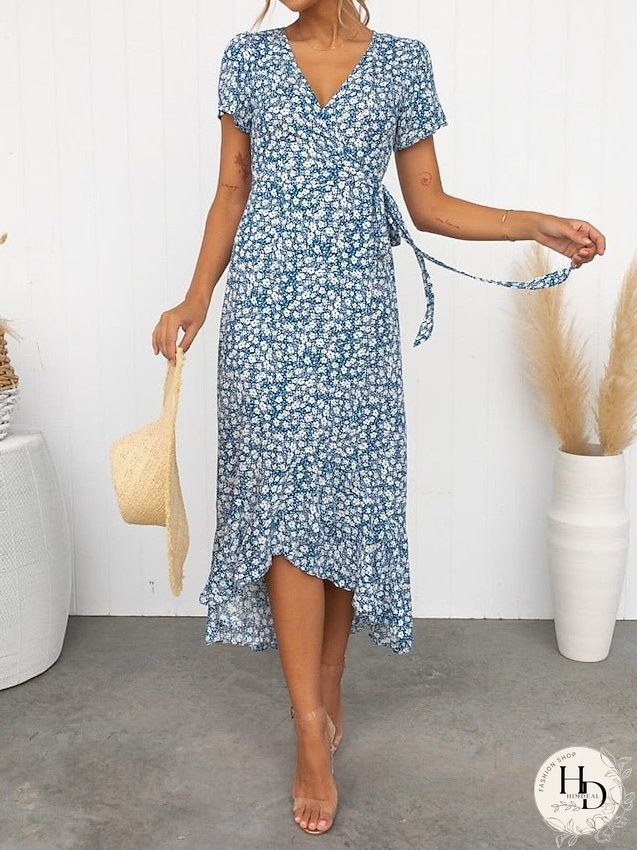 Casual Dress Wrap Dress Floral Dress Ditsy Floral Lace up Split V Neck Midi Dress Active Fashion Daily Holiday Short Sleeve Regular Fit Red Blue Summer Spring S M L XL for Women