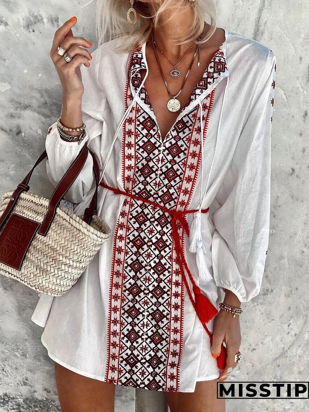 Tribe Print V-neck Lace-up Long Sleeve Vacation Dress P16048