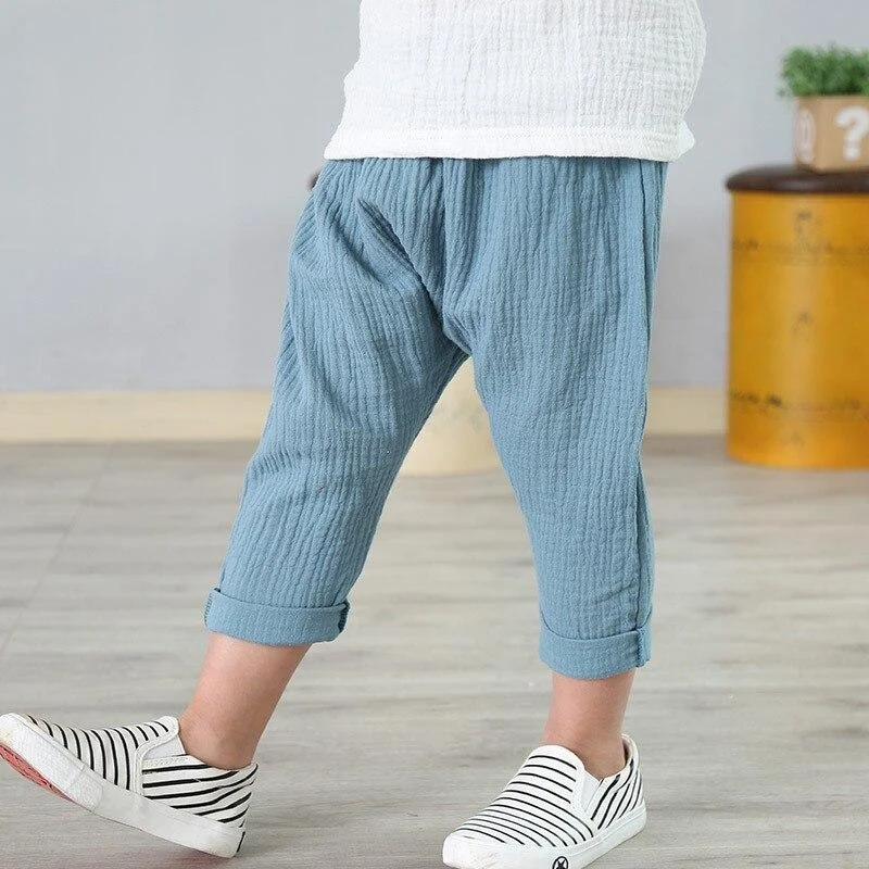 2020 Summer Kids Trousers Boys Girls Casual Harem Pants Children Solid Color Linen Pleated Tourser Boy Breathable Pants