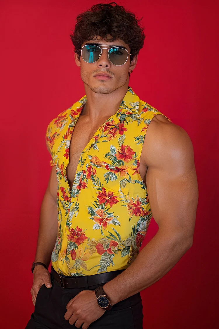 Men's Hawaiian Floral Print Sleeveless Vacation Yellow Shirt