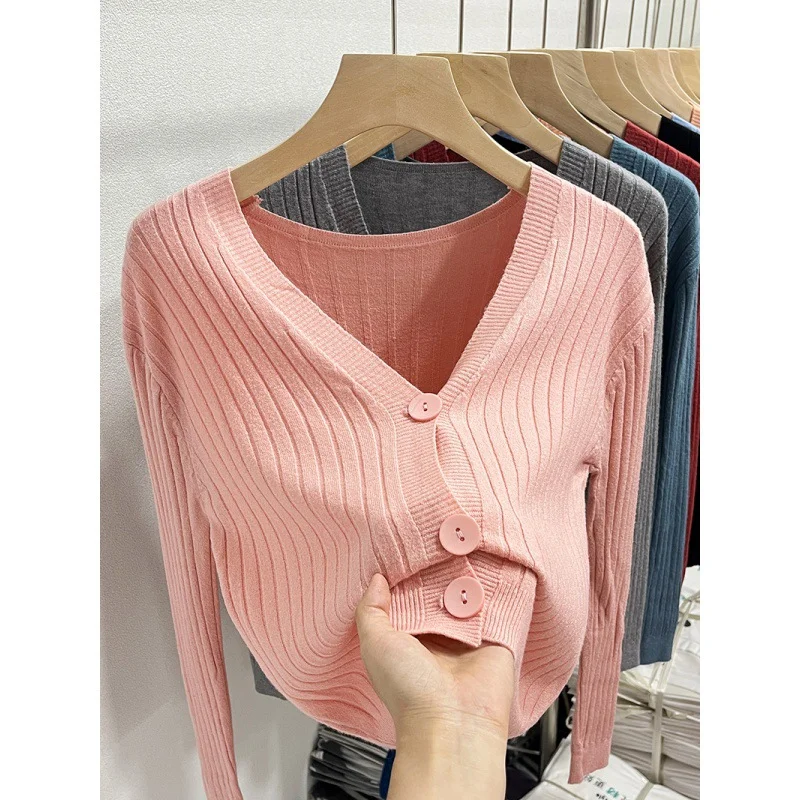Uveng Uveng Knitted V-Necked Cardigan Trend New Thin Shirt Sweater Coat Short Top Female