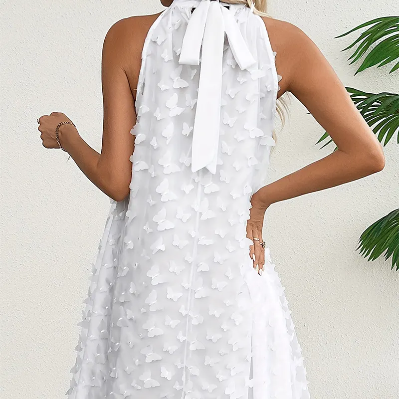 Women White Halter Neck Butterfly Applique Mini Dress