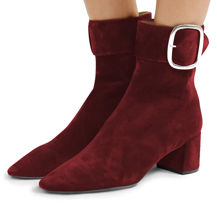 Burgundy Buckle Chunky Heel Boots Ankle Boots |FSJ Shoes