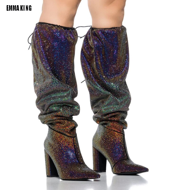 VCSHOES Bling Over The Knee Crystal Women High Heel Thigh Boots Strass Shoes Pleated Thick Heel Rhinestone Long Boots Wedding Heels