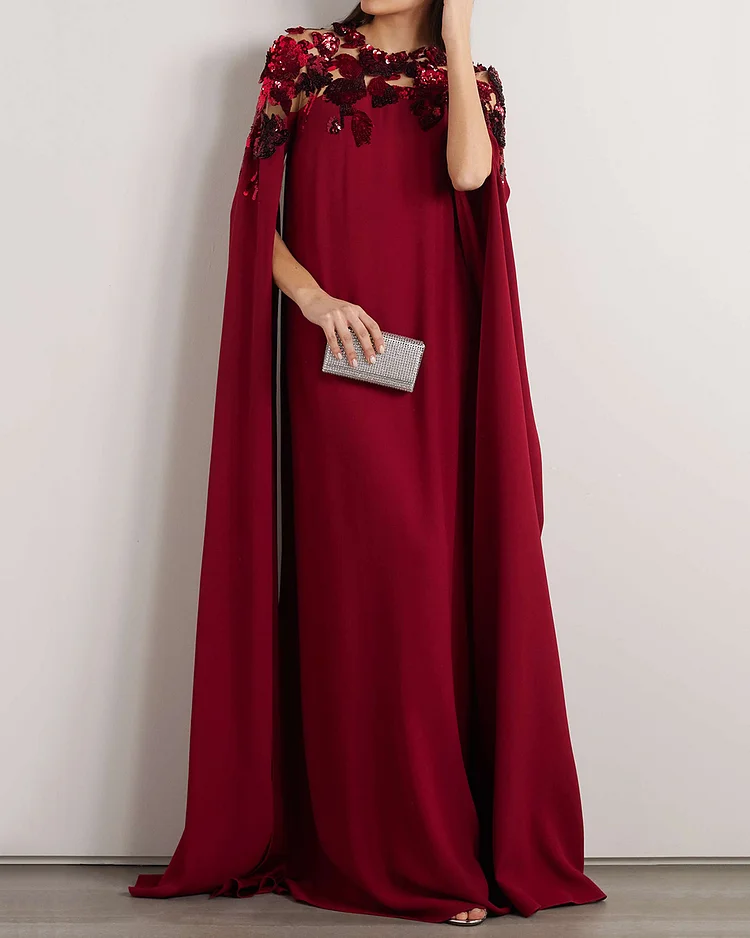 Elegant Cape Gathered Sequined Kaftan