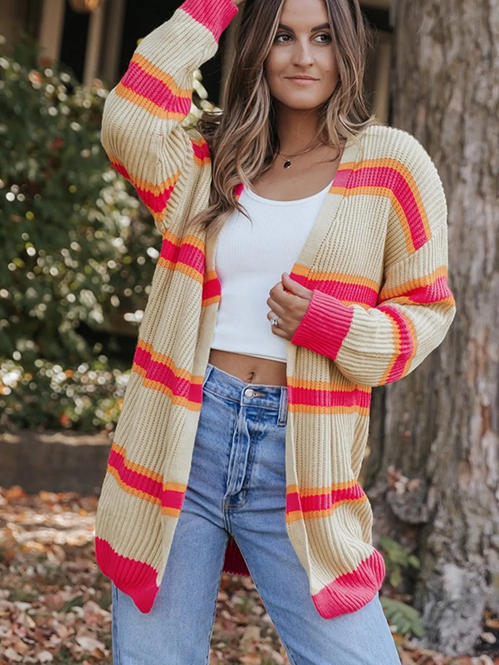 Ribbed Knit Long Cardigan with Striped Print